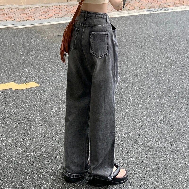 Lucyever Vintage poderane ženske traperice Jesenske nove traper hlače s visokim strukom širokih nogavica Ženske tinejdžerice Y2K Streetwear široke ležerne hlače