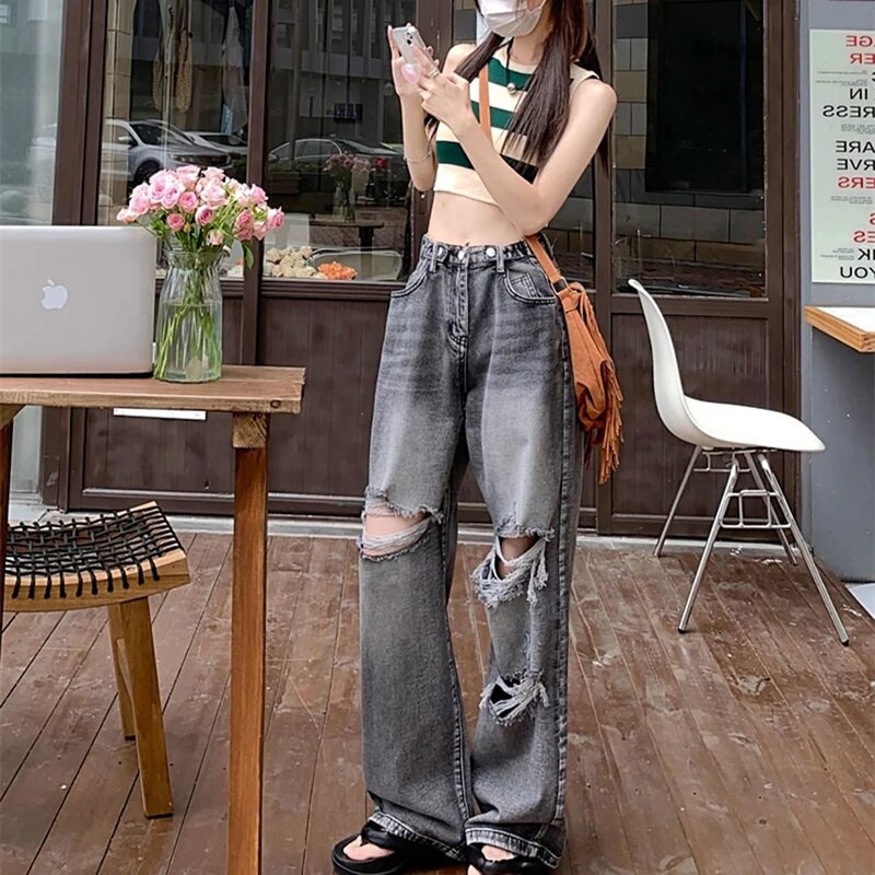 Lucyever Vintage poderane ženske traperice Jesenske nove traper hlače s visokim strukom širokih nogavica Ženske tinejdžerice Y2K Streetwear široke ležerne hlače