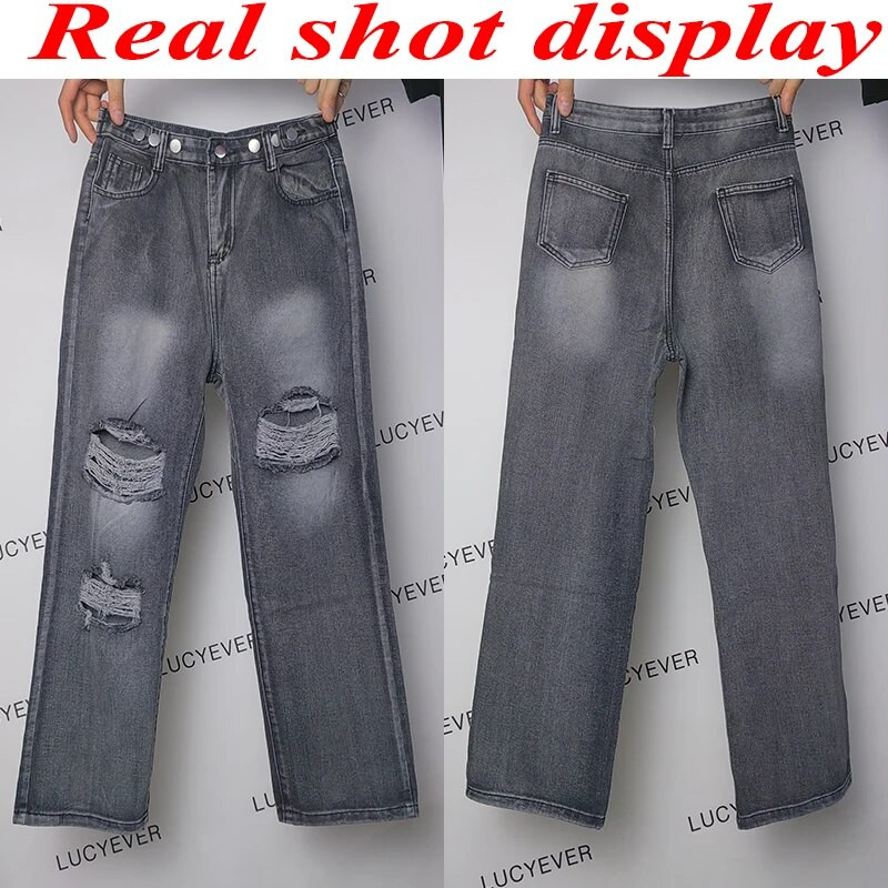 Lucyever Vintage poderane ženske traperice Jesenske nove traper hlače s visokim strukom širokih nogavica Ženske tinejdžerice Y2K Streetwear široke ležerne hlače