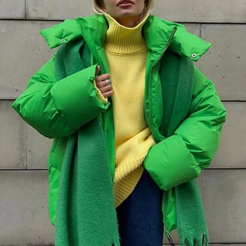 FADDISH Висококачествена зимна дамска мода за 2024 г. Свободни дебели парки с качулка и цип Палто Дамско едноцветно ежедневни топли джобове