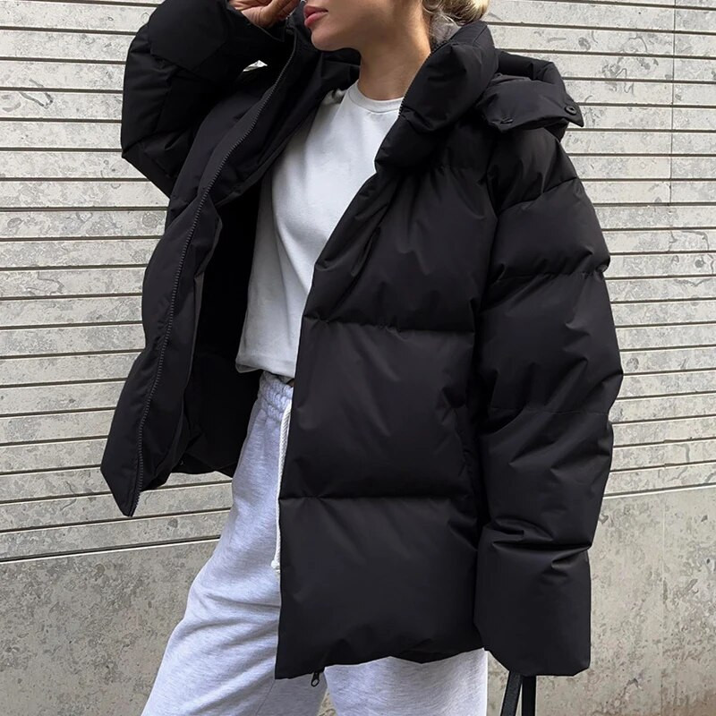 FADDISH Visokokvalitetna zimska ženska modna 2024. široka debela jakna s kapuljačom i patentnim zatvaračem Ženska jednobojna ležerna gornja odjeća s toplim džepovima