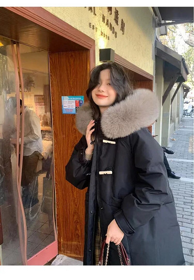 Zimska ležerna jednoredna jakna s kapuljačom i krznenim kopčanjem za 2023. za žene Modna prevelika gornja odjeća Topli debeli jednobojni kaput s patentnim zatvaračem