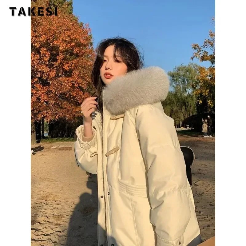 Zimska ležerna jednoredna jakna s kapuljačom i krznenim kopčanjem za 2023. za žene Modna prevelika gornja odjeća Topli debeli jednobojni kaput s patentnim zatvaračem