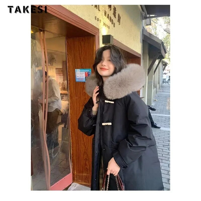 Zimska ležerna jednoredna jakna s kapuljačom i krznenim kopčanjem za 2023. za žene Modna prevelika gornja odjeća Topli debeli jednobojni kaput s patentnim zatvaračem