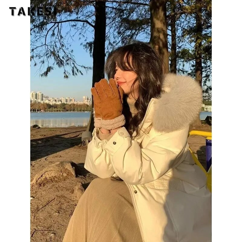Zimska ležerna jednoredna jakna s kapuljačom i krznenim kopčanjem za 2023. za žene Modna prevelika gornja odjeća Topli debeli jednobojni kaput s patentnim zatvaračem