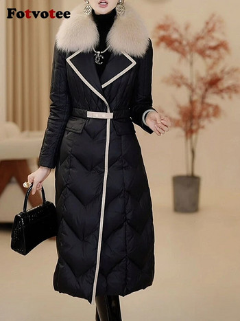 Fotvotee Зимно яке Дамско палто с кожена яка Удебелено топло пухено яке Винтидж улично облекло Ежедневни елегантни дълги паркове Връхни дрехи