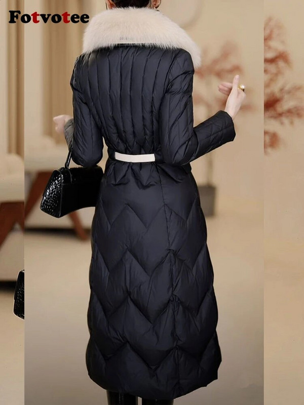 Fotvotee Χειμερινό τζάκετ Γυναικείο παλτό Γούνινο γιακά Παχύ Ζεστό Πουφερ Μπουφάν Vintage Streetwear Casual Elegant Long Parkas Outerwear