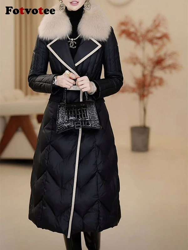 Fotvotee Χειμερινό τζάκετ Γυναικείο παλτό Γούνινο γιακά Παχύ Ζεστό Πουφερ Μπουφάν Vintage Streetwear Casual Elegant Long Parkas Outerwear