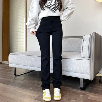 Elastīgi džinsi ar augstu vidukli sievietēm samta rudens ziema, jauni taisni, regulāri pieguļoši vintage tēti bikses zīmola modes