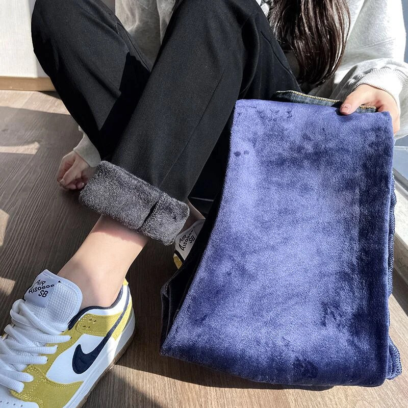 Elastīgi džinsi ar augstu vidukli sievietēm samta rudens ziema, jauni taisni, regulāri pieguļoši vintage tēti bikses zīmola modes