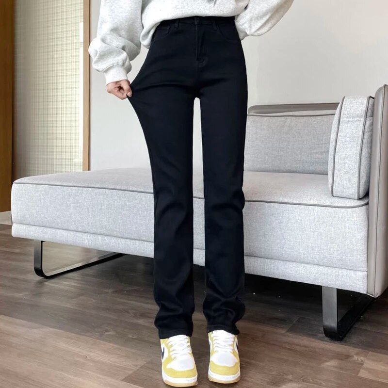 Elastīgi džinsi ar augstu vidukli sievietēm samta rudens ziema, jauni taisni, regulāri pieguļoši vintage tēti bikses zīmola modes