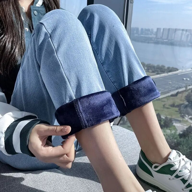 Elastīgi džinsi ar augstu vidukli sievietēm samta rudens ziema, jauni taisni, regulāri pieguļoši vintage tēti bikses zīmola modes