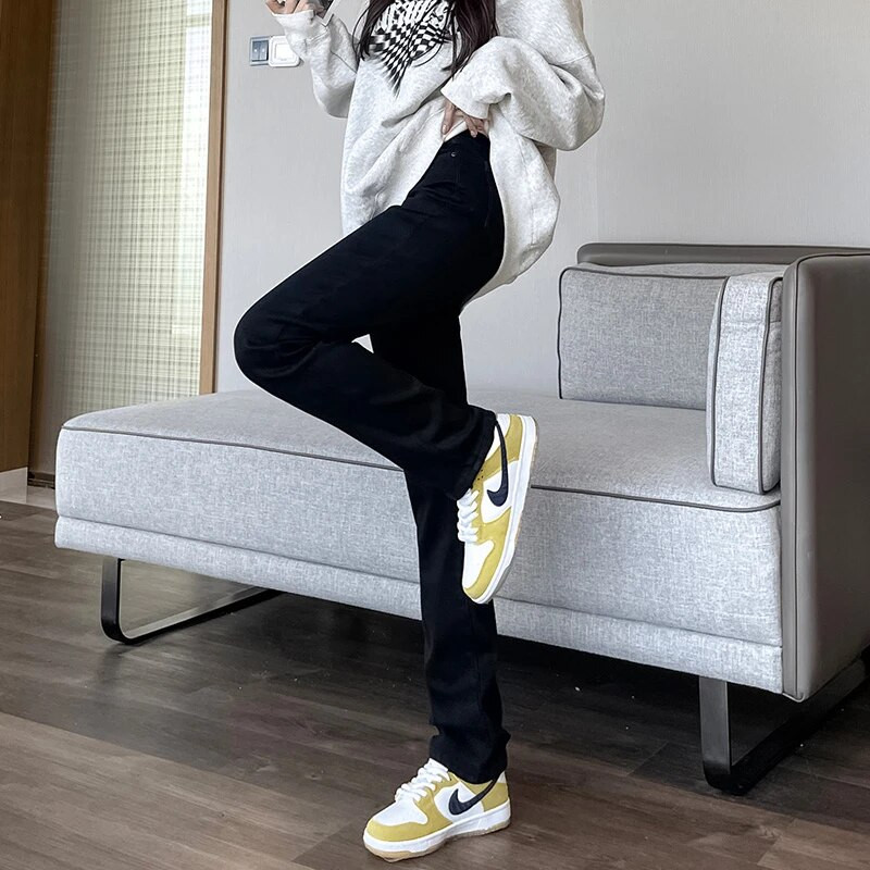 Elastīgi džinsi ar augstu vidukli sievietēm samta rudens ziema, jauni taisni, regulāri pieguļoši vintage tēti bikses zīmola modes