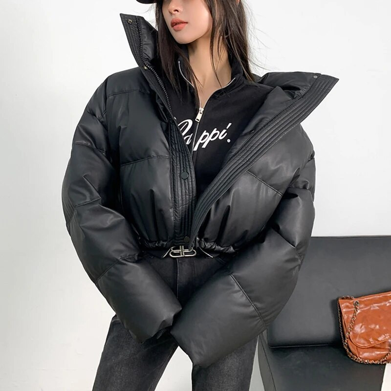Gidyq zimske skraćene parke od pu kože Ženska modna ulična debela topla puhasta jakna Ženska gornja odjeća s patentnim zatvaračem Pufnasta odjeća za sve vrste