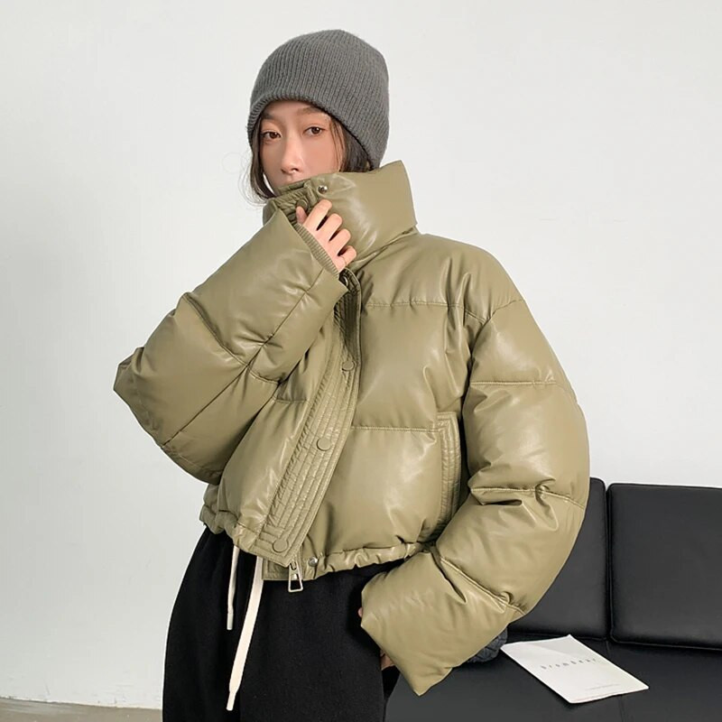 Gidyq zimske skraćene parke od pu kože Ženska modna ulična debela topla puhasta jakna Ženska gornja odjeća s patentnim zatvaračem Pufnasta odjeća za sve vrste