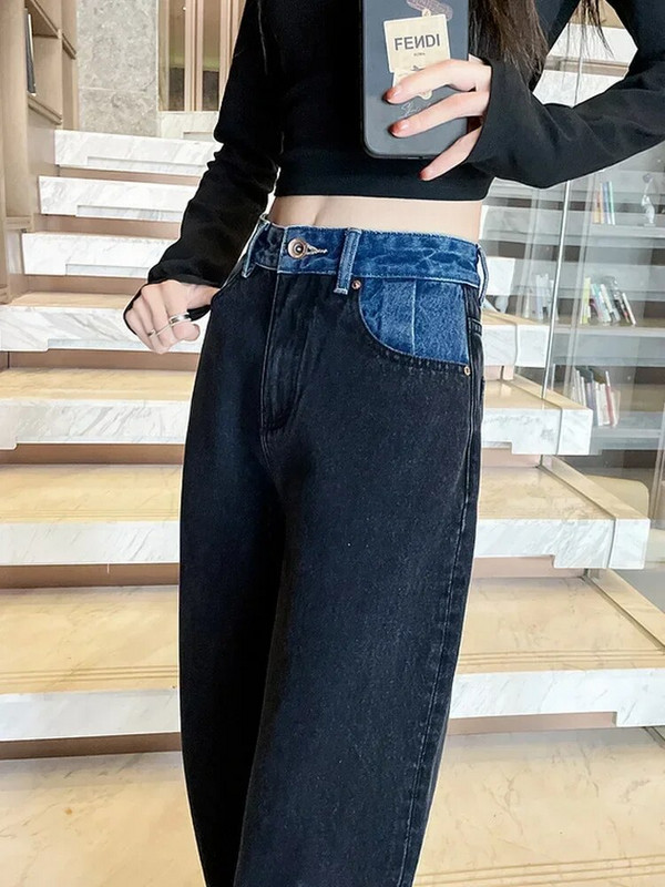 2023 m. Nauji moteriški džinsai su aukštu juosmeniu, juodi plačiomis ilgomis džinsinėmis kelnėmis Moteriški džinsai Vintažinės džinsinės kelnės, moteriškos