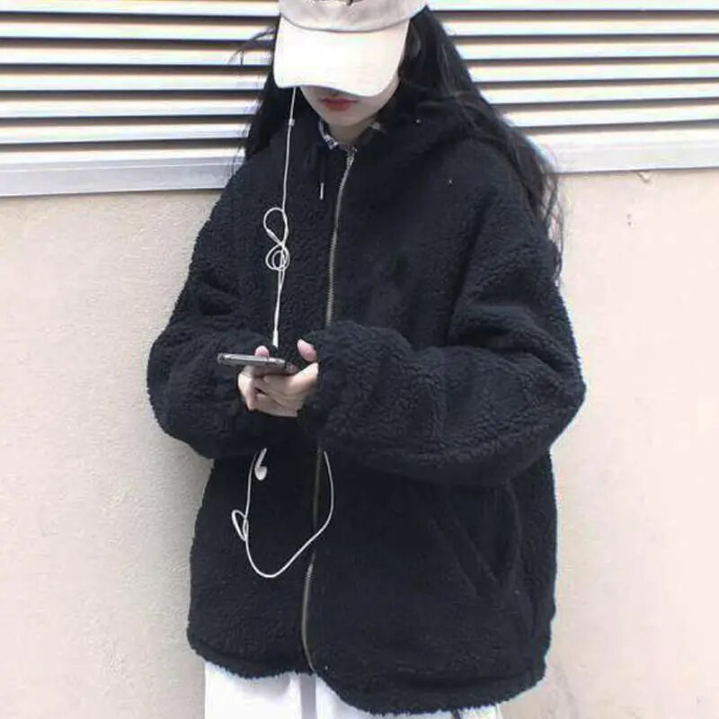 Naiste ülemõõdulised parkad kapuutsiga paks mantel Naiste pehmed Kawaii jakid kahepoolsed ülerõivad sügistalvised soojad pikkade varrukatega topid