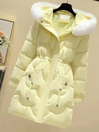 Korea mood õhuke kunstkarusnahast kaelarihm kapuutsiga parkad talve naised külma mantli vöökoha nööriga polsterdatud jakid Midi pikkusega lumi Casaco