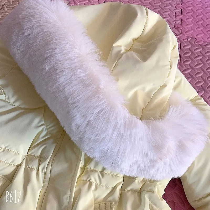 Korea mood õhuke kunstkarusnahast kaelarihm kapuutsiga parkad talve naised külma mantli vöökoha nööriga polsterdatud jakid Midi pikkusega lumi Casaco