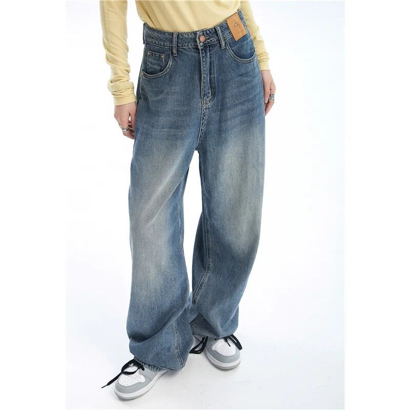 Naiste sinised teksad Kontrastsed värvid kõrge vöökohaga Ameerika tänava laiad püksid mood kottis vintage sirged sügis uued püksid