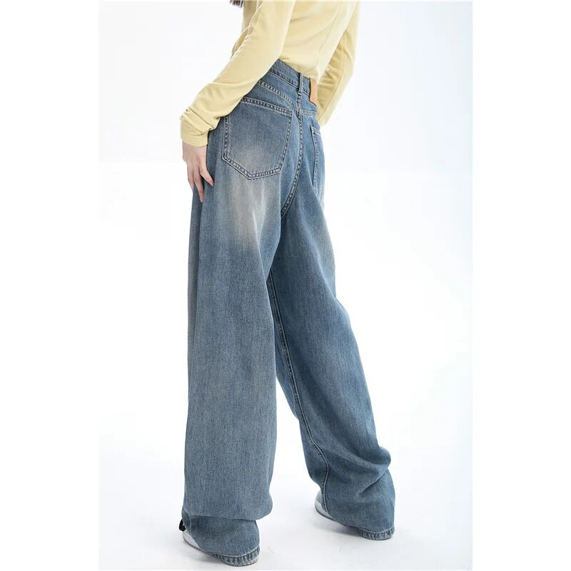 Naiste sinised teksad Kontrastsed värvid kõrge vöökohaga Ameerika tänava laiad püksid mood kottis vintage sirged sügis uued püksid