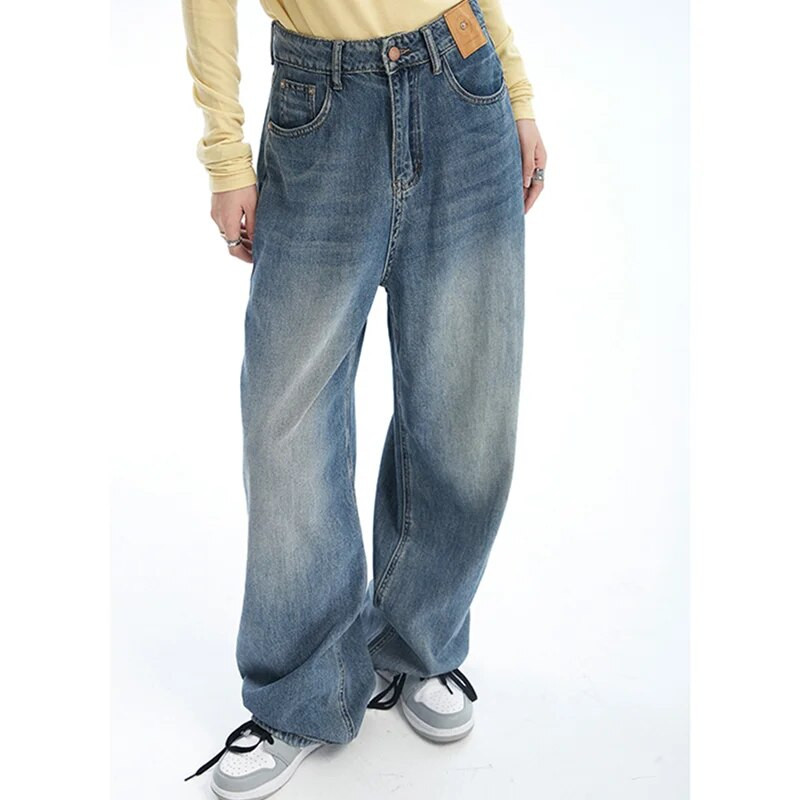 Naiste sinised teksad Kontrastsed värvid kõrge vöökohaga Ameerika tänava laiad püksid mood kottis vintage sirged sügis uued püksid