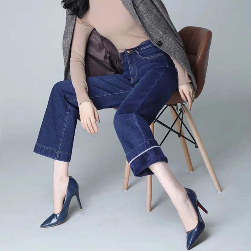 Uus Winter Office Lady Plus Velvet Baggy Püksid Naiste Mood Paksud Soojad Laia Sääre Teksad Vaqueros Kõrge Vöökohaga Palus Denim Püksid