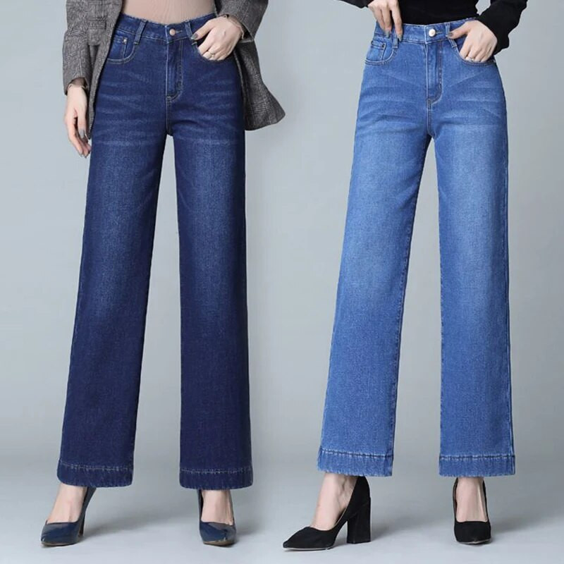 Uus Winter Office Lady Plus Velvet Baggy Püksid Naiste Mood Paksud Soojad Laia Sääre Teksad Vaqueros Kõrge Vöökohaga Palus Denim Püksid