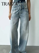 TRAFZA nő, elegáns, magas derekú, szüreti tavaszi alkalmi utcai karcsú patchwork farmer nadrág női széles szárú farmer hosszú nadrág