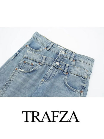 TRAFZA Woman Κομψό ψηλόμεσο Vintage Άνοιξη Casual Street Slim Patchwork Τζιν παντελόνι Γυναικείο φαρδύ τζιν παντελόνι