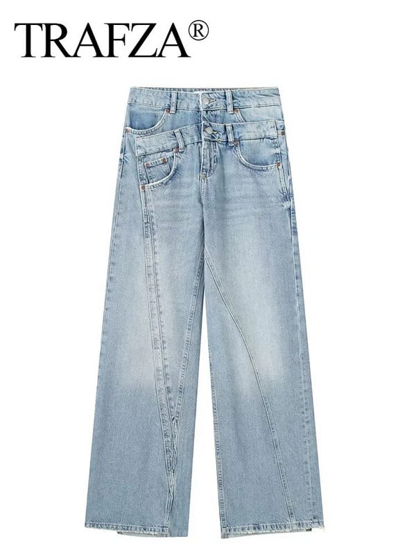 TRAFZA nő, elegáns, magas derekú, szüreti tavaszi alkalmi utcai karcsú patchwork farmer nadrág női széles szárú farmer hosszú nadrág