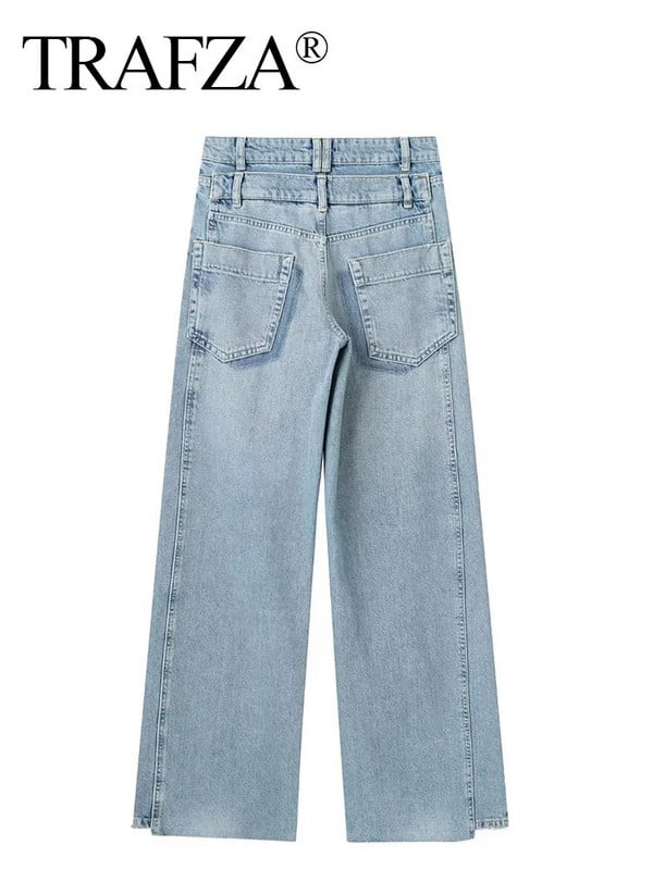 TRAFZA nő, elegáns, magas derekú, szüreti tavaszi alkalmi utcai karcsú patchwork farmer nadrág női széles szárú farmer hosszú nadrág