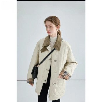 2023 Φθινόπωρο, Χειμώνας, Casual Ρετρό Στιλ Μονόστομο Parkas Καρό Μπουφάν για Γυναικεία Vintage Εξωτερικά Ενδύματα Μόδα Ζεστό χοντρό παλτό