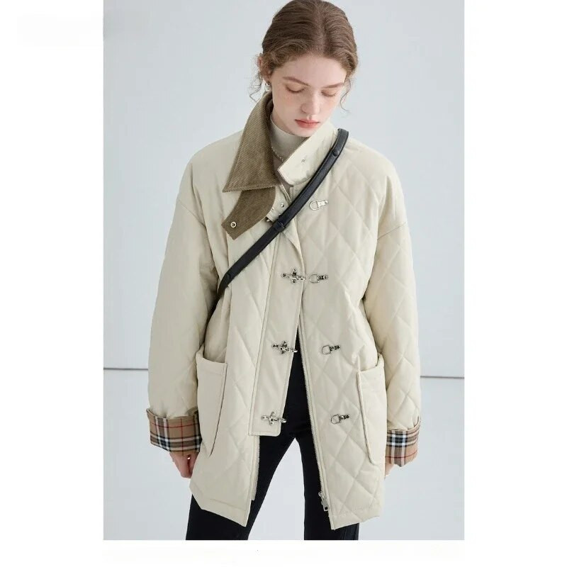 2023. aasta sügistalvine vabaaja retrostiilis üherealine parkidega ruuduline jope naistele, vintage ülerõivad, mood, soe paks mantel