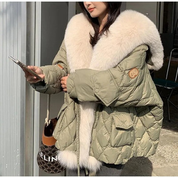 2023 Зимно ново дамско голямо луксозно палто с яка от изкуствена кожа на лисица Пухкаво свободно пухкаво яке с пера Женска парка Снежно горно облекло Ветроустойчиво