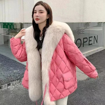 2023 Зимно ново дамско голямо луксозно палто с яка от изкуствена кожа на лисица Пухкаво свободно пухкаво яке с пера Женска парка Снежно горно облекло Ветроустойчиво