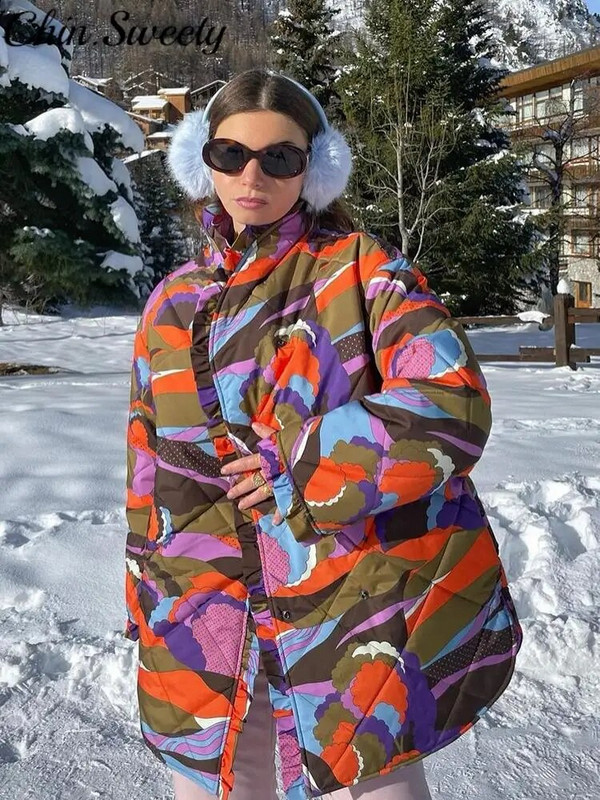 Thicken Multi Print lillelised naiste puuvillane mantli aluskrae täisvarrukatega pitsiga kaetud nööbiga naiste jope 2023. aasta talve naiste mantlid