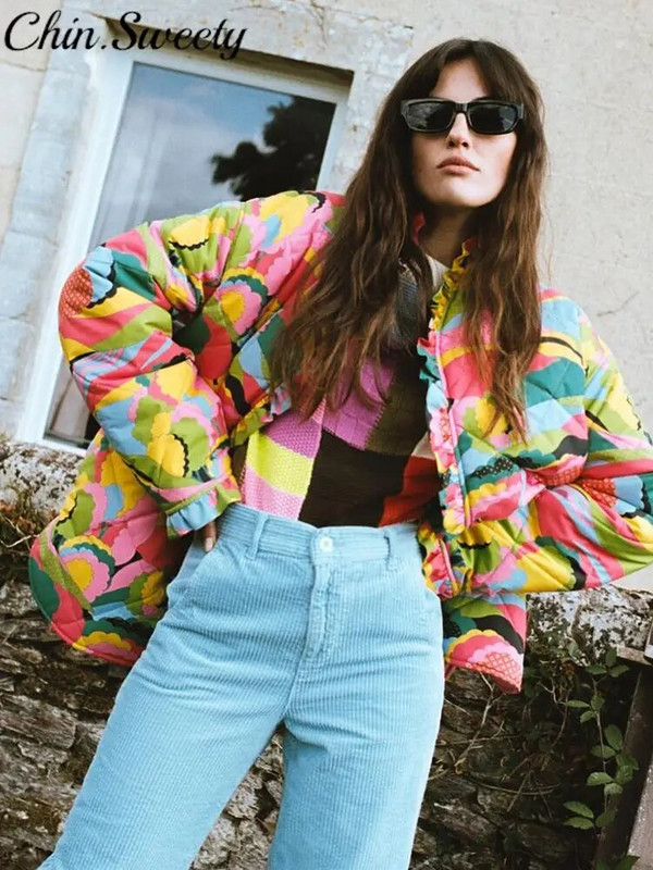 Thicken Multi Print lillelised naiste puuvillane mantli aluskrae täisvarrukatega pitsiga kaetud nööbiga naiste jope 2023. aasta talve naiste mantlid