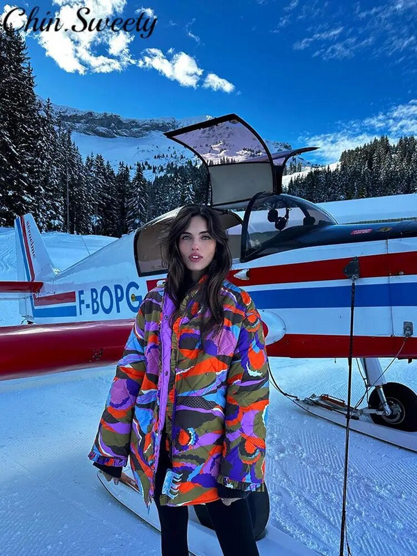 Thicken Multi Print lillelised naiste puuvillane mantli aluskrae täisvarrukatega pitsiga kaetud nööbiga naiste jope 2023. aasta talve naiste mantlid