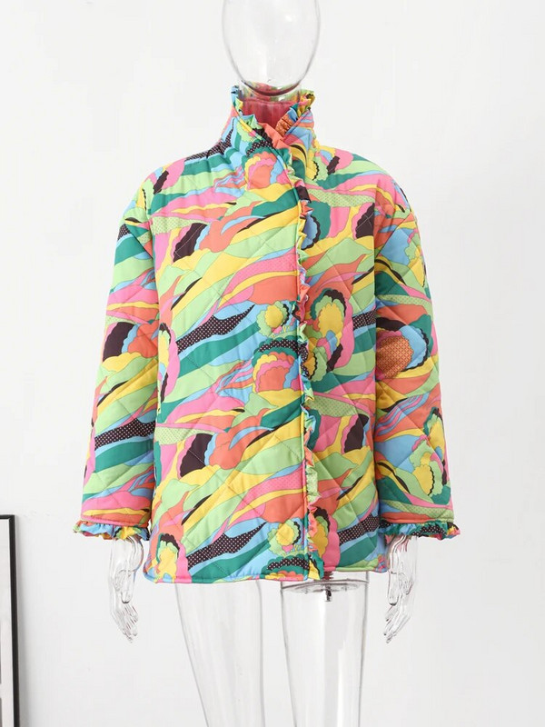 Thicken Multi Print lillelised naiste puuvillane mantli aluskrae täisvarrukatega pitsiga kaetud nööbiga naiste jope 2023. aasta talve naiste mantlid