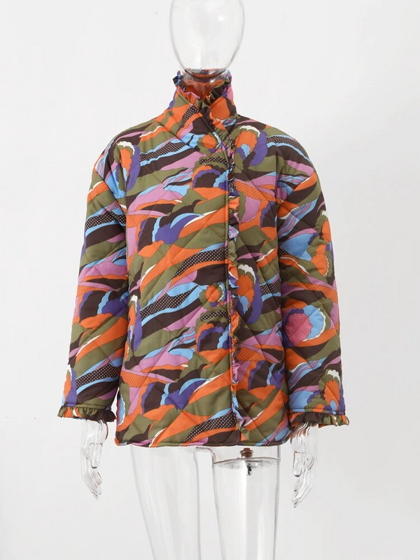 Thicken Multi Print lillelised naiste puuvillane mantli aluskrae täisvarrukatega pitsiga kaetud nööbiga naiste jope 2023. aasta talve naiste mantlid