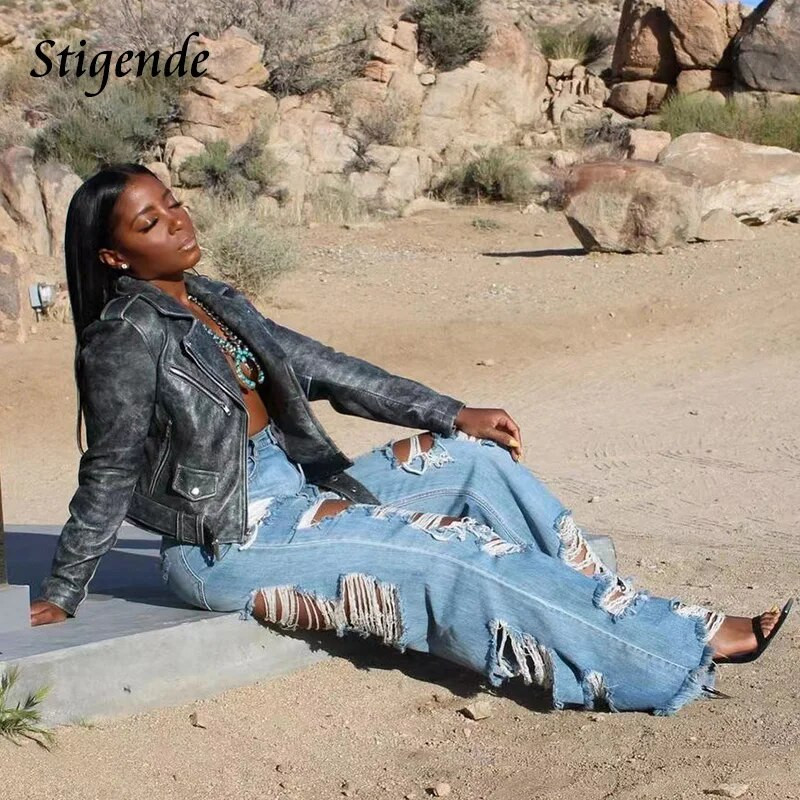 Stigende Ženske XXXL traper hlače Široke poderane traperice Ulična odjeća Seksi modne izdubljene patchwork traperice s komadićima