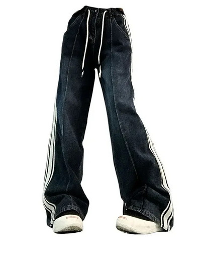 Τζιν ίσιο ριγέ Γυναικείο ψηλόμεσο φαρδύ παντελόνι αμερικανικό καθημερινό παντελόνι Παντελόνι με κορδόνια Streetwear