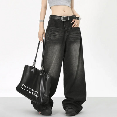 Juodi džinsai aukštu juosmeniu Y2K Harajuku Streetwear Baggy Jeans Hip-hop moteriškos kelnės rudeninės tiesios plačios kelnės Nauja