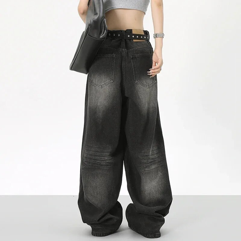 Juodi džinsai aukštu juosmeniu Y2K Harajuku Streetwear Baggy Jeans Hip-hop moteriškos kelnės rudeninės tiesios plačios kelnės Nauja