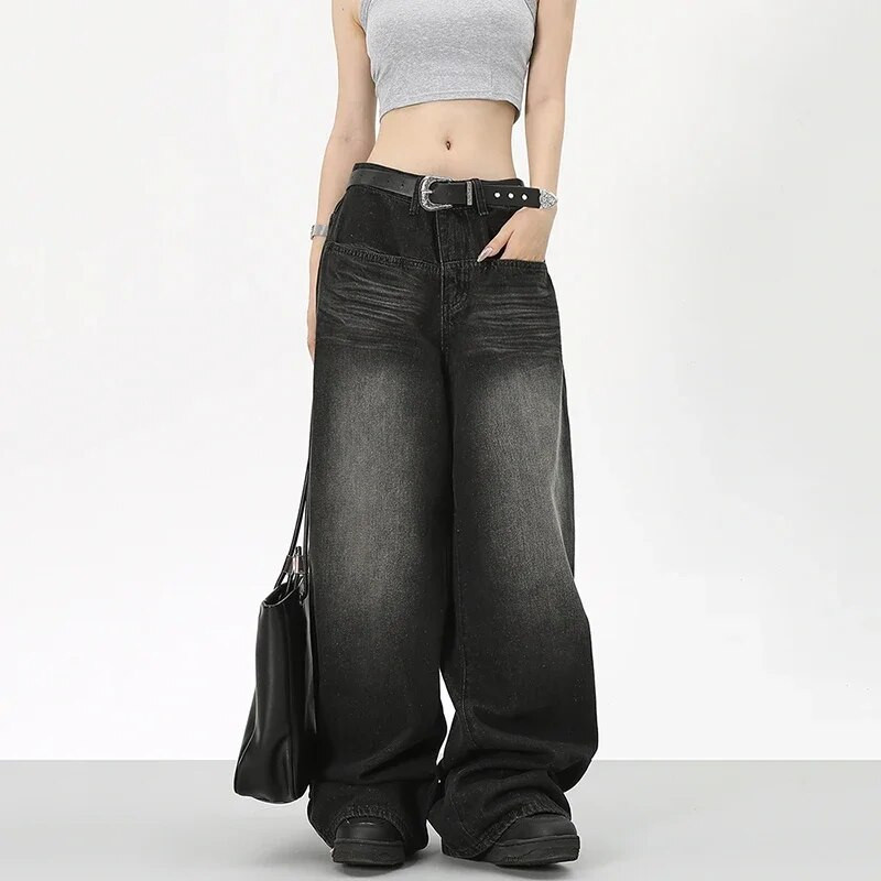 Juodi džinsai aukštu juosmeniu Y2K Harajuku Streetwear Baggy Jeans Hip-hop moteriškos kelnės rudeninės tiesios plačios kelnės Nauja