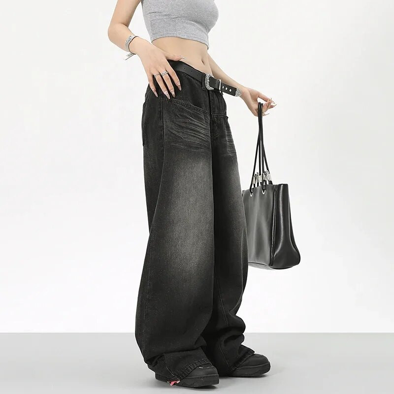Juodi džinsai aukštu juosmeniu Y2K Harajuku Streetwear Baggy Jeans Hip-hop moteriškos kelnės rudeninės tiesios plačios kelnės Nauja