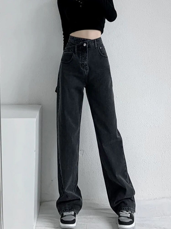 JMPRS teksad Naiste kõrge vöökohaga mustad laia säärega teksapüksid ema disainitud nööbiga sinised püksid mood Korea stiilis naiste XS teksad