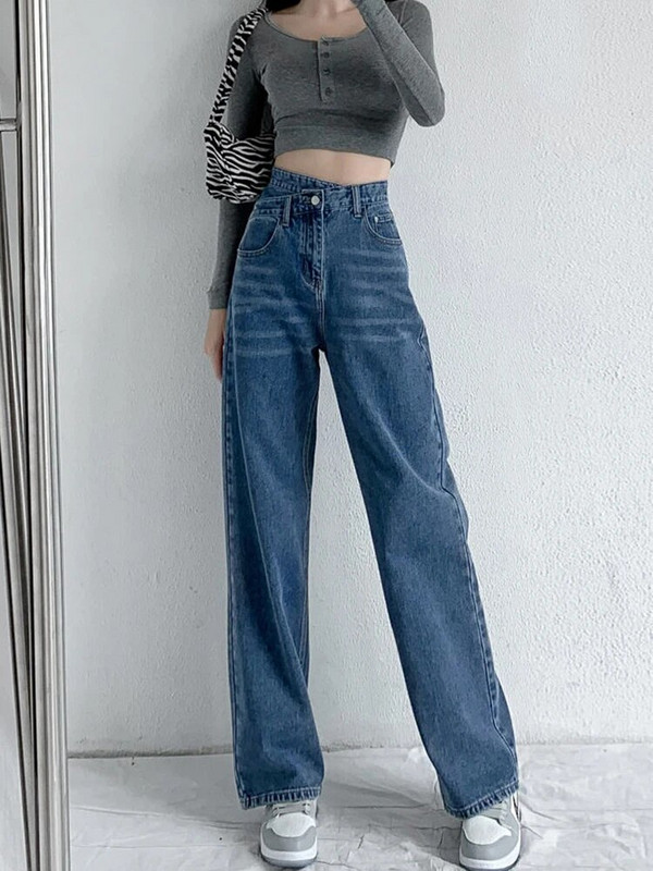 JMPRS teksad Naiste kõrge vöökohaga mustad laia säärega teksapüksid ema disainitud nööbiga sinised püksid mood Korea stiilis naiste XS teksad