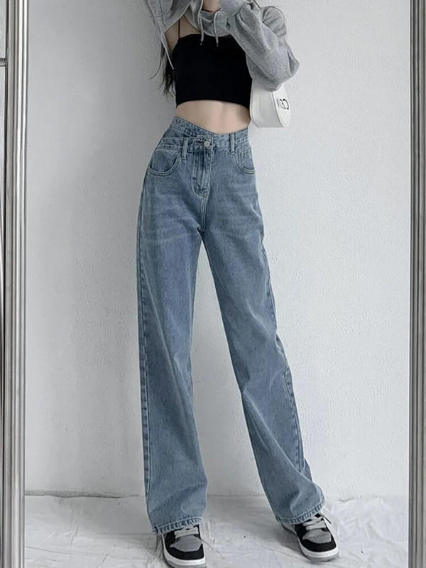 JMPRS teksad Naiste kõrge vöökohaga mustad laia säärega teksapüksid ema disainitud nööbiga sinised püksid mood Korea stiilis naiste XS teksad